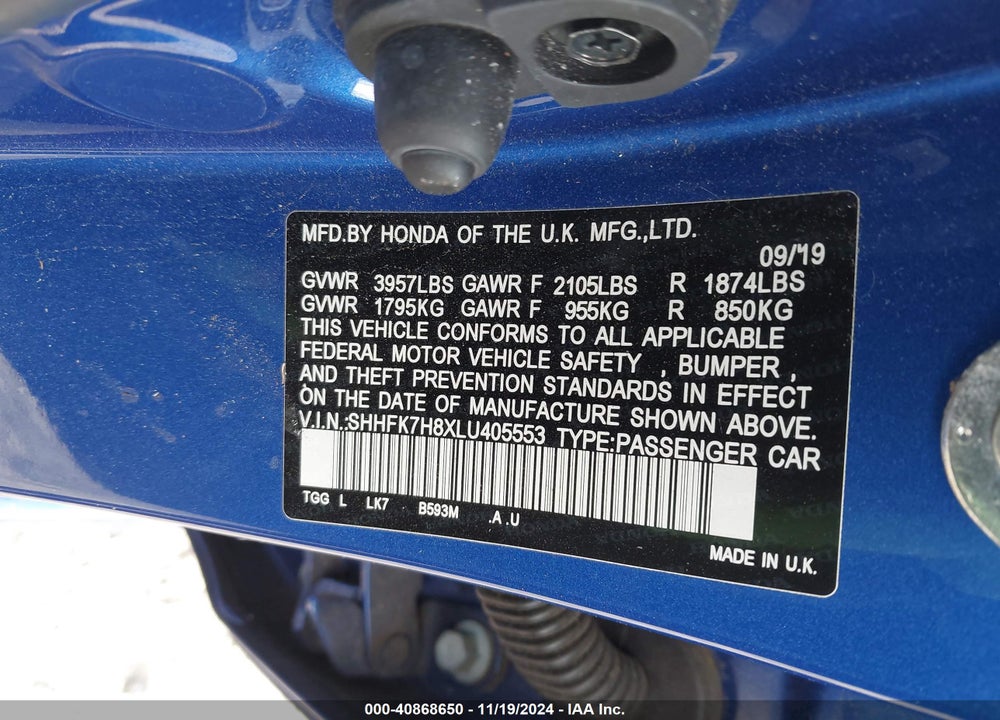 2020 HONDA CIVIC EX-L VIN: SHHFK7H8XLU405553