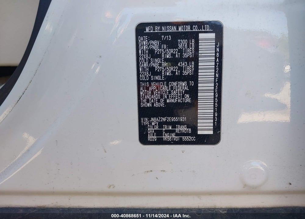 2014 INFINITI QX80 VIN: JN8AZ2NF2E9551931