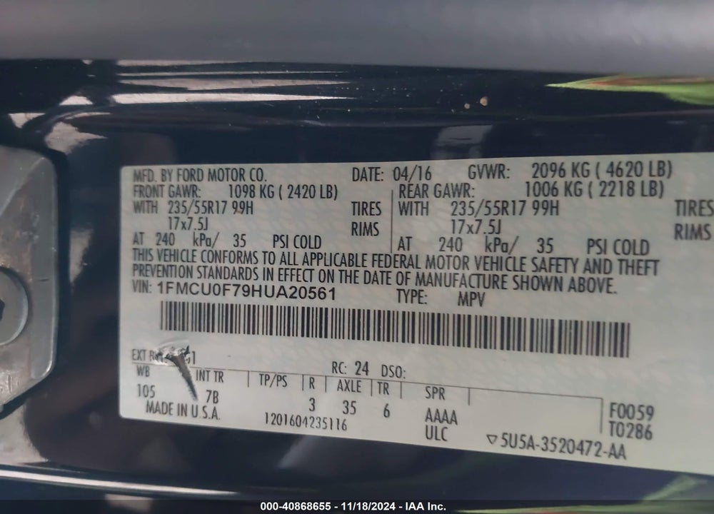 2017 FORD ESCAPE S VIN: 1FMCU0F79HUA20561