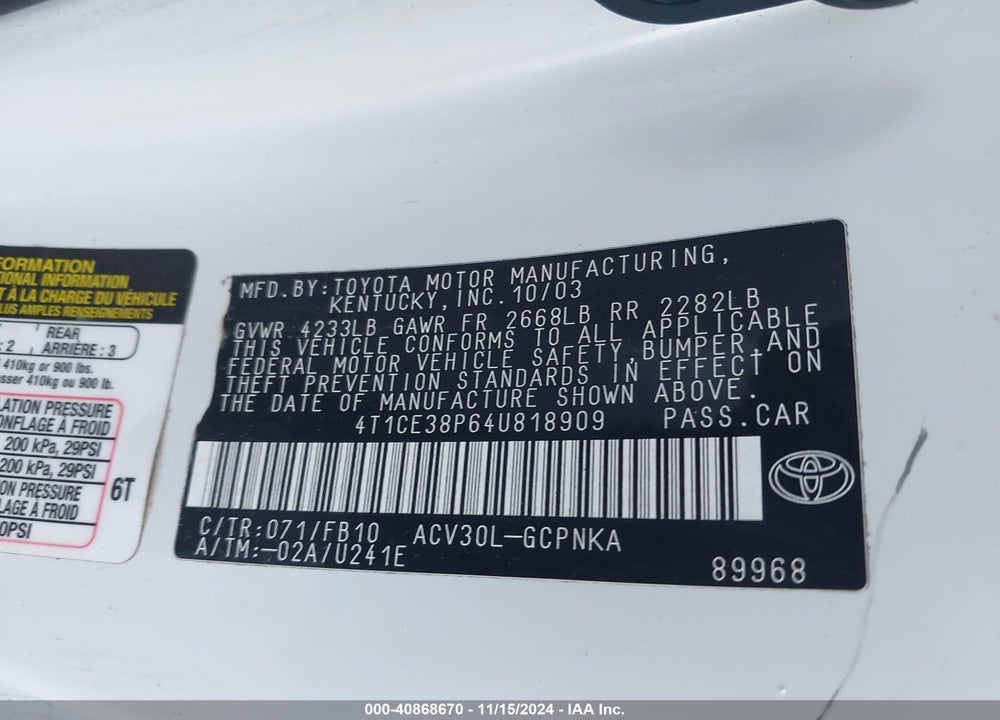 2004 TOYOTA CAMRY SOLARA SE VIN: 4T1CE38P64U818909