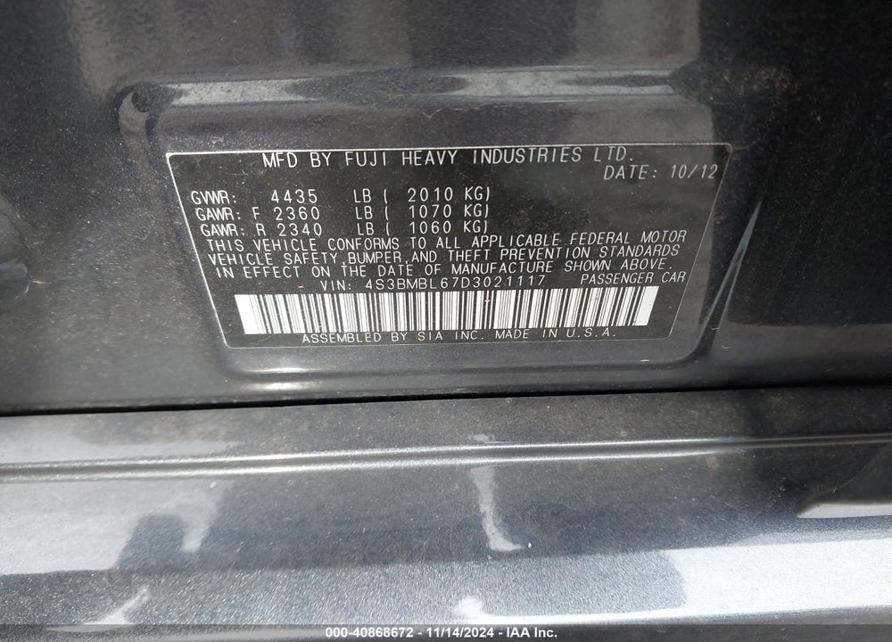 2013 SUBARU LEGACY 2.5I LIMITED VIN: 4S3BMBL67D3021117