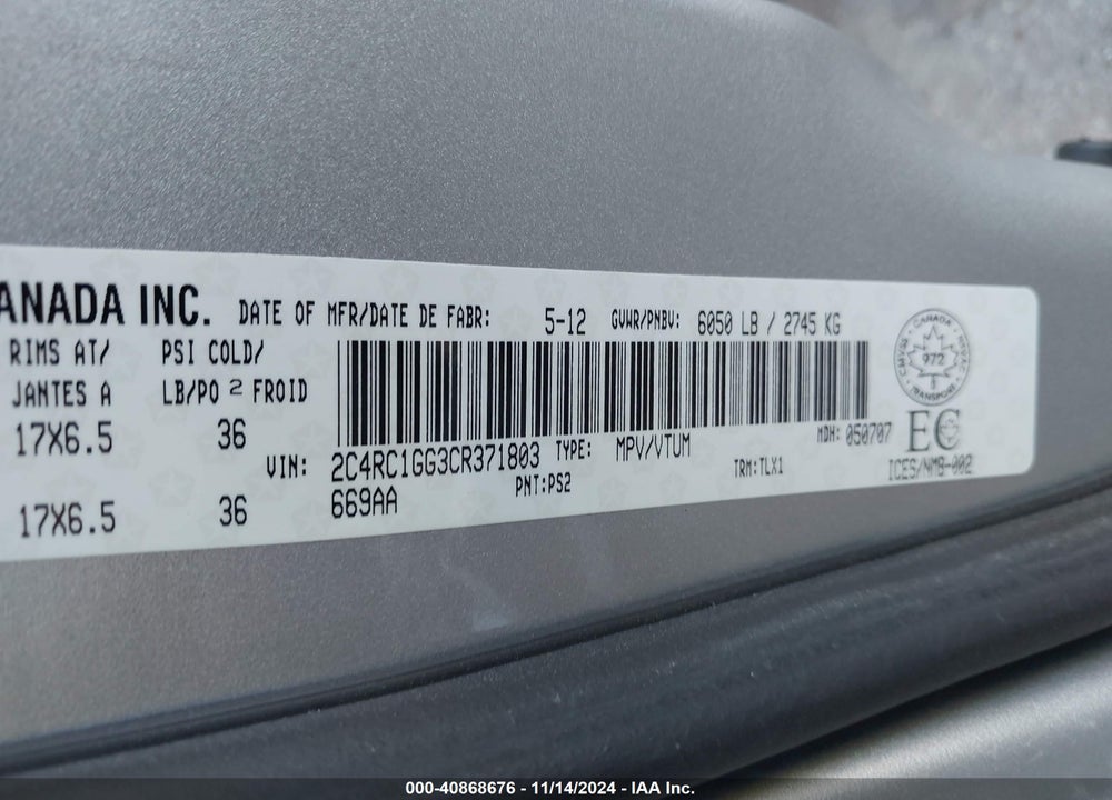 2012 CHRYSLER TOWN & COUNTRY LIMITED VIN: 2C4RC1GG3CR371803