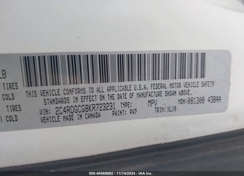 2019 DODGE GRAND CARAVAN SXT VIN: 2C4RDGCG8KR723231