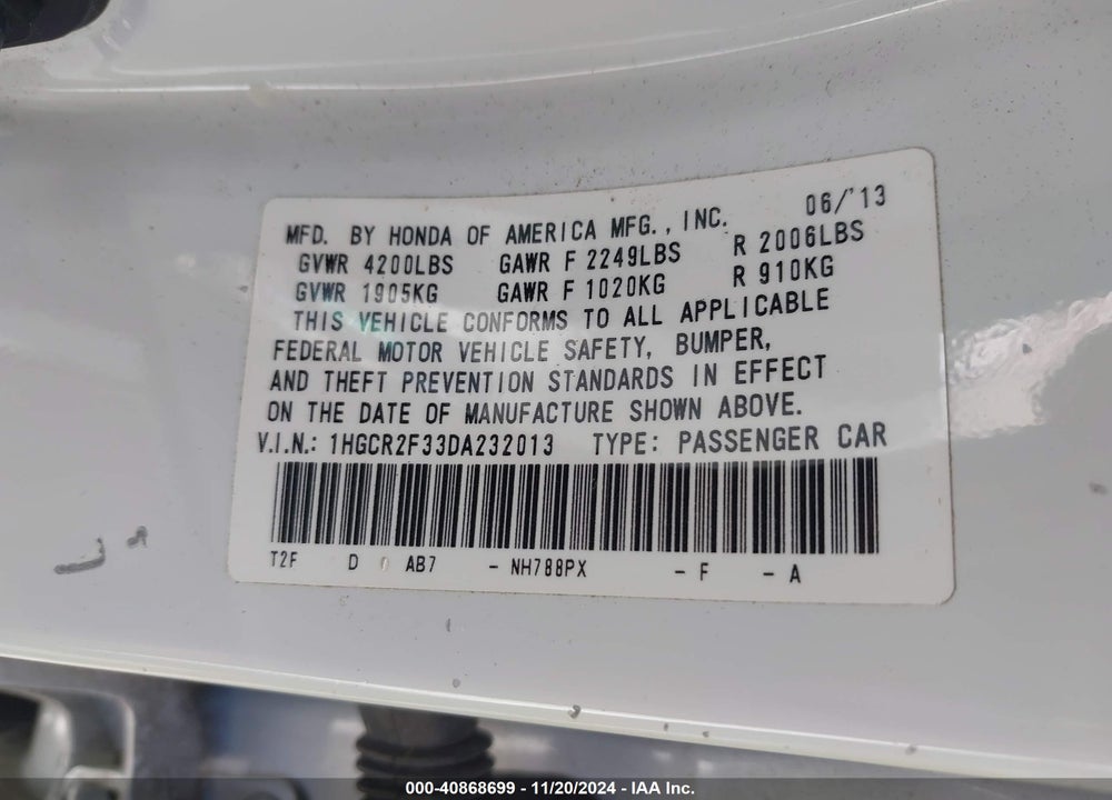 2013 HONDA ACCORD VIN: 1HGCR2F33DA232013