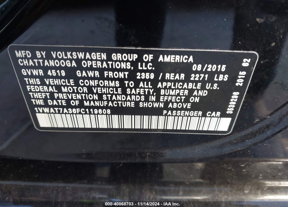 2015 VOLKSWAGEN PASSAT 1.8T LIMITED EDITION VIN: 1VWAT7A36FC119608