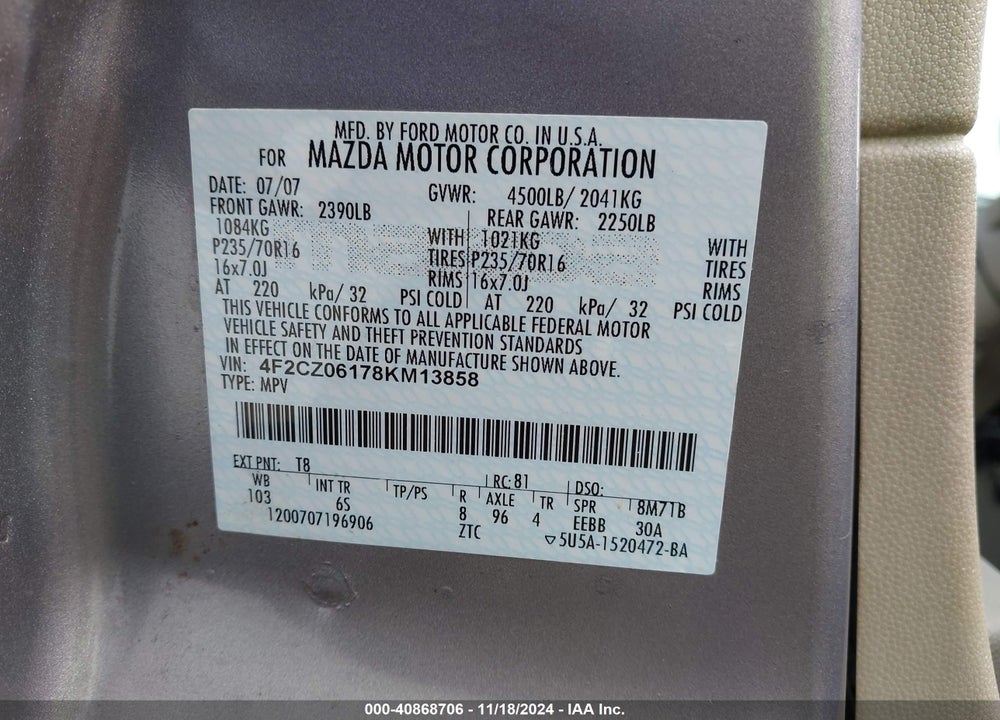 2008 MAZDA TRIBUTE VIN: 4F2CZ06178KM13858