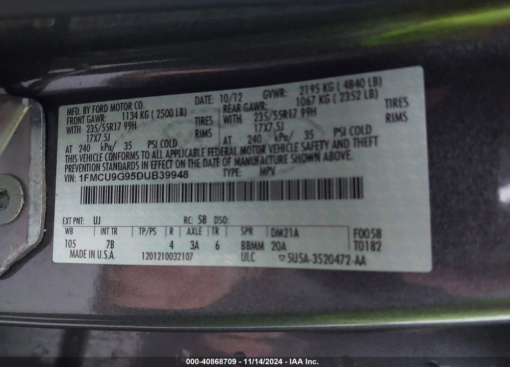 2013 FORD ESCAPE VIN: 1FMCU9G95DUB39948