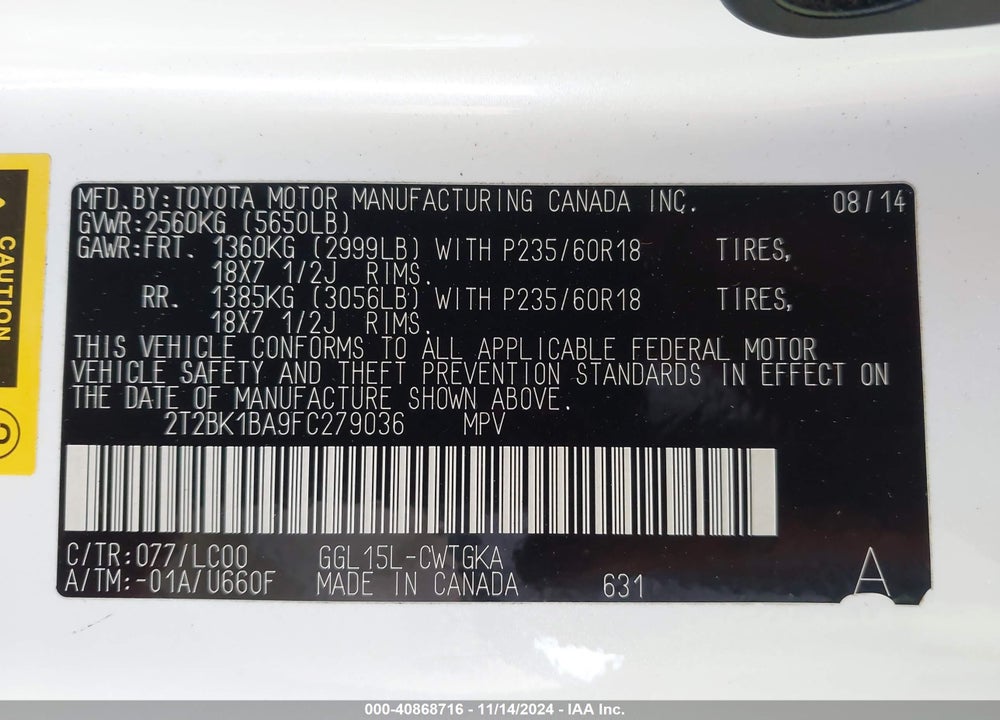 2015 LEXUS RX 350 VIN: 2T2BK1BA9FC279036