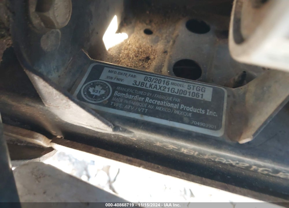 2016 CAN-AM OUTLANDER XT 1000R/XT-P 1000R VIN: 3JBLKAX21GJ001061