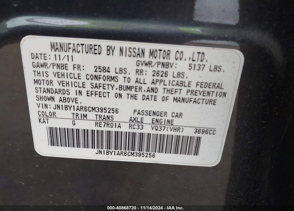 2012 INFINITI M37X VIN: JN1BY1AR6CM395256