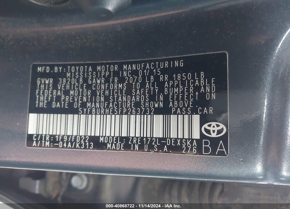 2015 TOYOTA COROLLA S VIN: 5YFBURHE5FP263732