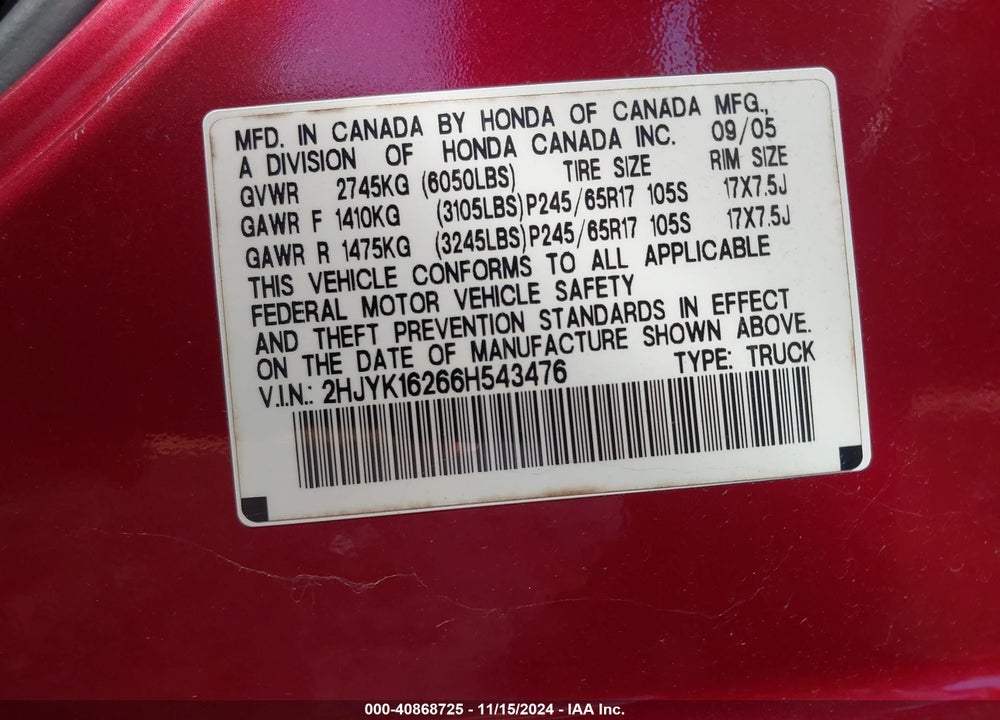 2006 HONDA RIDGELINE RT VIN: 2HJYK16266H543476