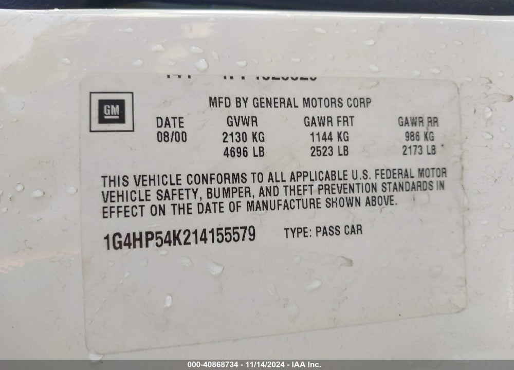 2001 BUICK LESABRE CUSTOM VIN: 1G4HP54K214155579