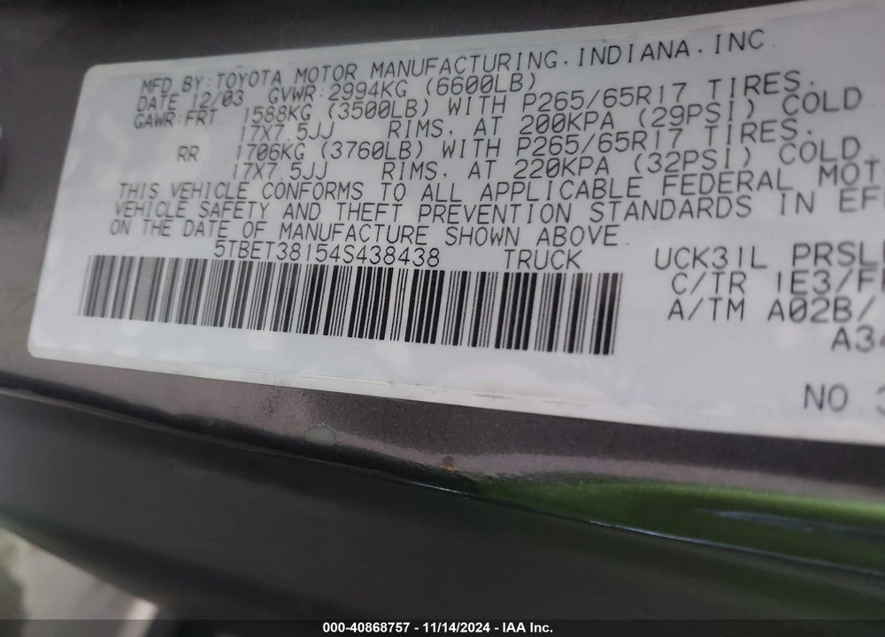 2004 TOYOTA TUNDRA LIMITED V8 VIN: 5TBET38154S438438