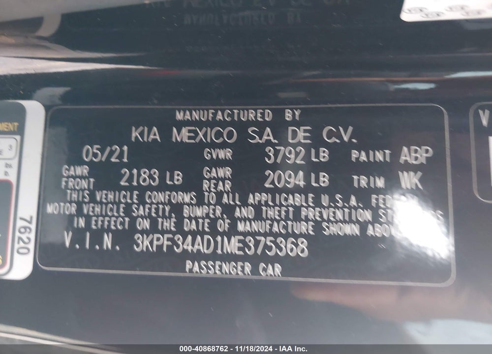 2021 KIA FORTE GT LINE VIN: 3KPF34AD1ME375368