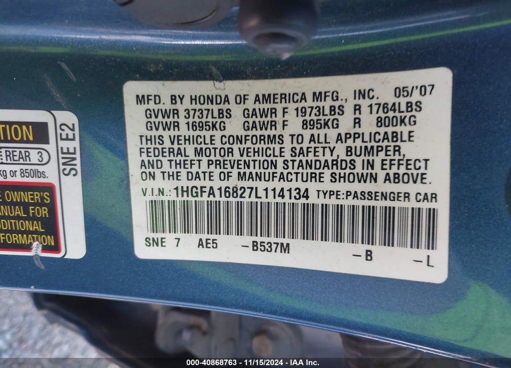 2007 HONDA CIVIC EX VIN: 1HGFA16827L114134
