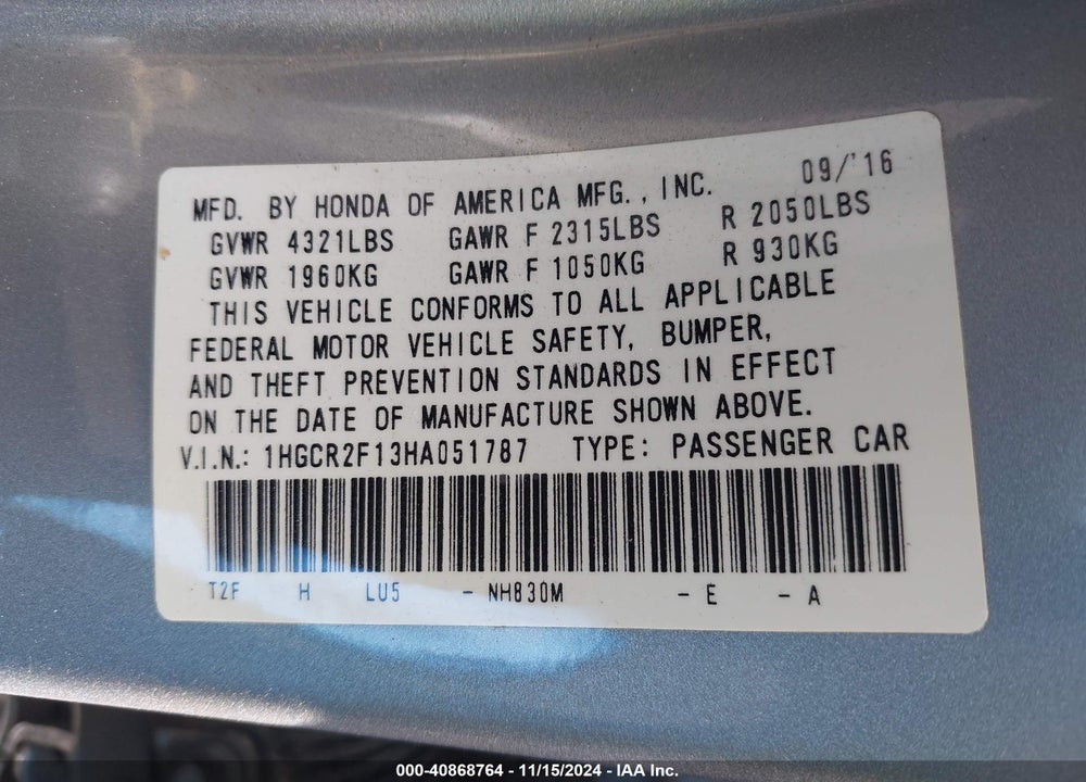 2017 HONDA ACCORD SPORT SE VIN: 1HGCR2F13HA051787