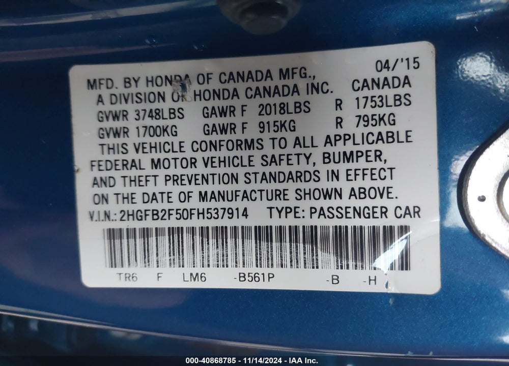 2015 HONDA CIVIC LX VIN: 2HGFB2F50FH537914