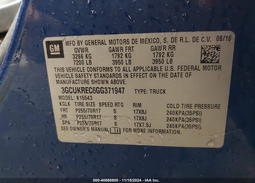 2016 CHEVROLET SILVERADO 1500 1LT VIN: 3GCUKREC6GG371947