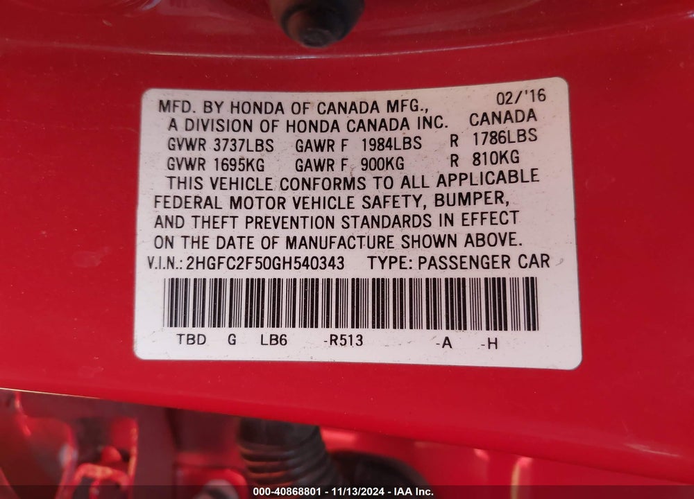 2016 HONDA CIVIC LX VIN: 2HGFC2F50GH540343