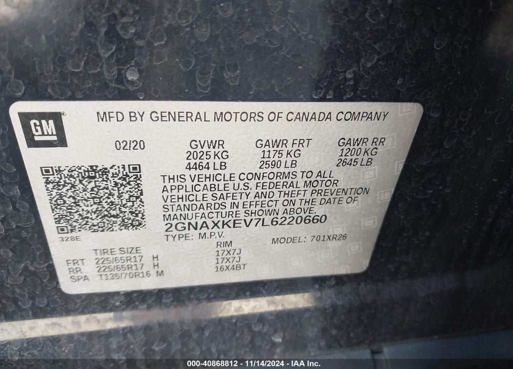 2020 CHEVROLET EQUINOX FWD LT 1.5L TURBO VIN: 2GNAXKEV7L6220660