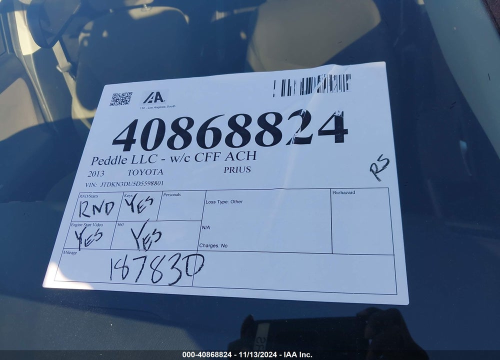 2013 TOYOTA PRIUS THREE VIN: JTDKN3DU5D5598801