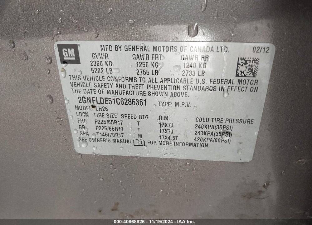 2012 CHEVROLET EQUINOX 1LT VIN: 2GNFLDE51C6286361