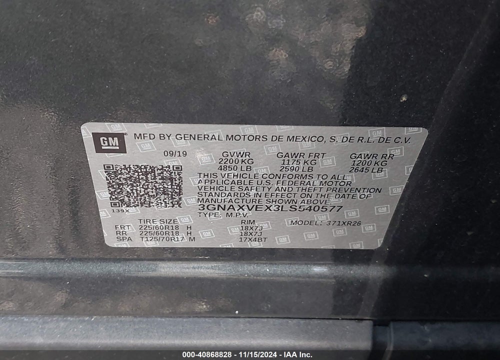 2020 CHEVROLET EQUINOX AWD LT 2.0L TURBO VIN: 3GNAXVEX3LS540577