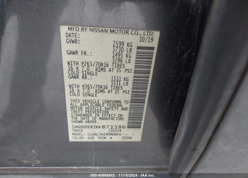 2019 NISSAN FRONTIER SV VIN: 1N6DD0ER3KN871586