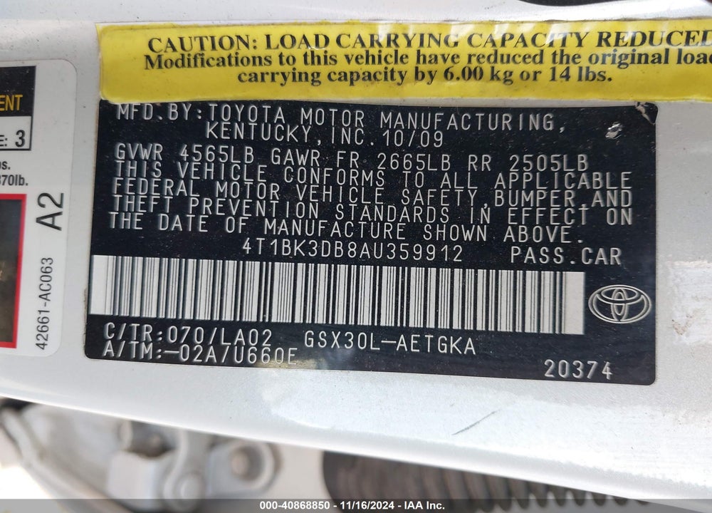 2010 TOYOTA AVALON XLS VIN: 4T1BK3DB8AU359912
