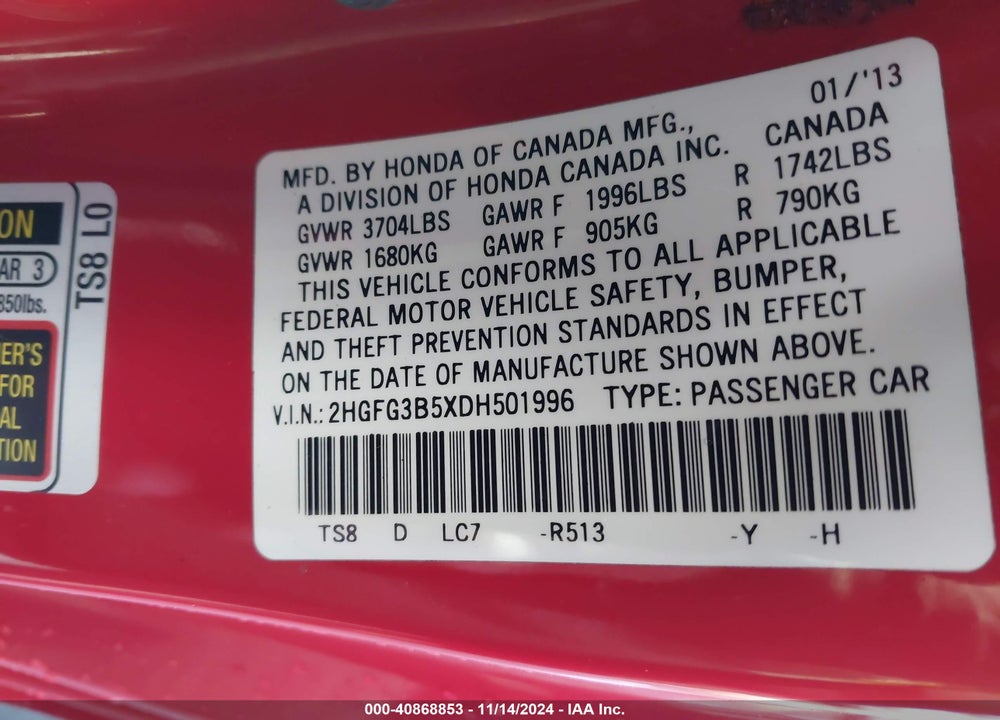 2013 HONDA CIVIC LX VIN: 2HGFG3B5XDH501996