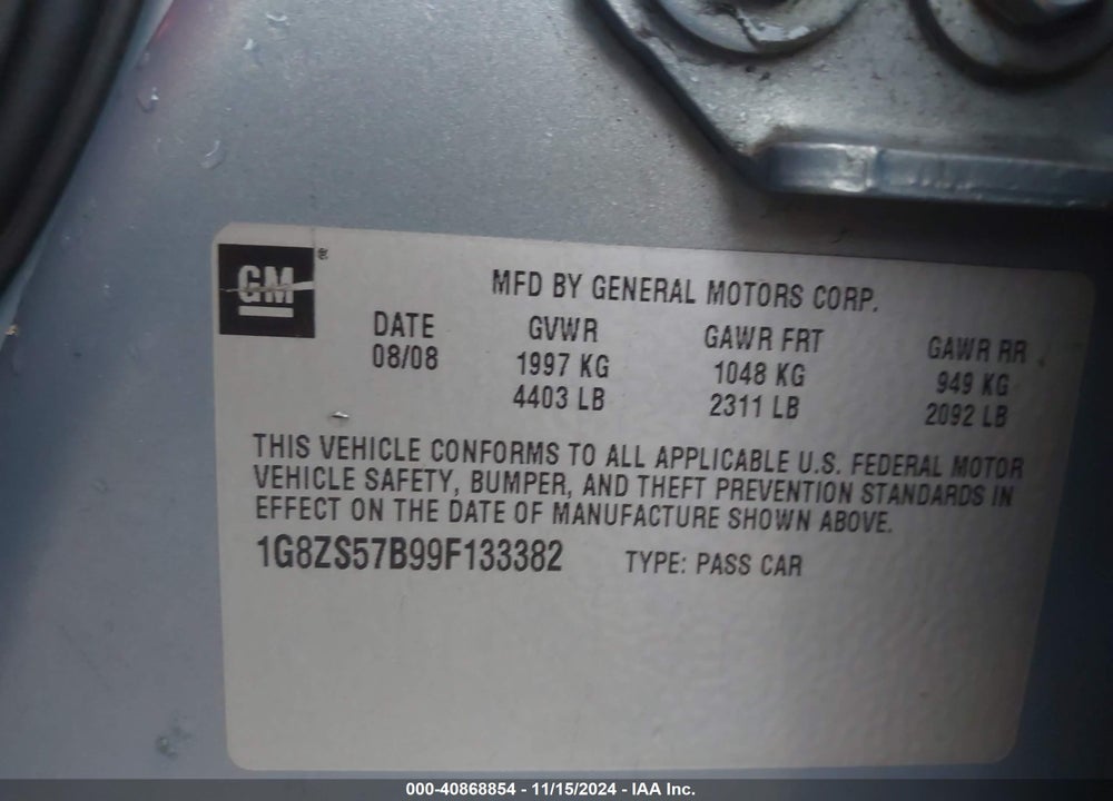 2009 SATURN AURA XE VIN: 1G8ZS57B99F133382