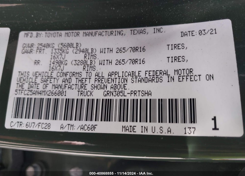 2021 TOYOTA TACOMA SR5 V6 VIN: 5TFCZ5AN4MX266001