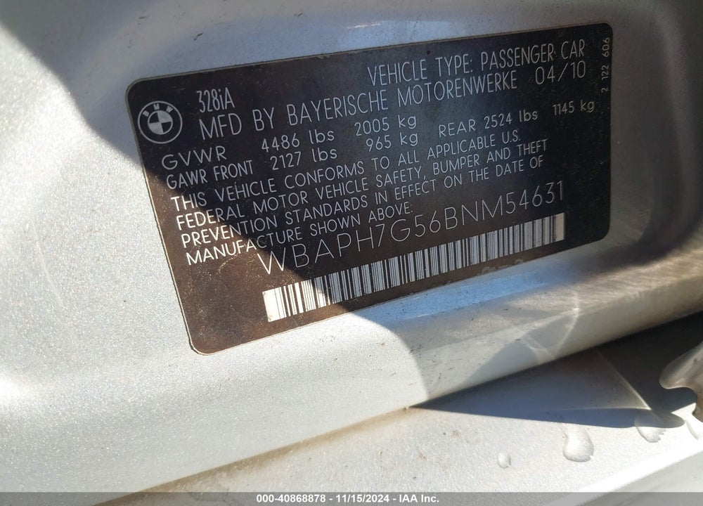 2011 BMW 328I VIN: WBAPH7G56BNM54631
