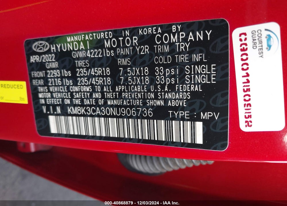 2022 HYUNDAI KONA N LINE VIN: KM8K3CA30NU906736