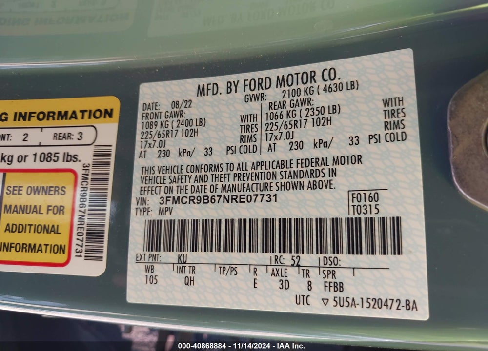 2022 FORD BRONCO SPORT VIN: 3FMCR9B67NRE07731