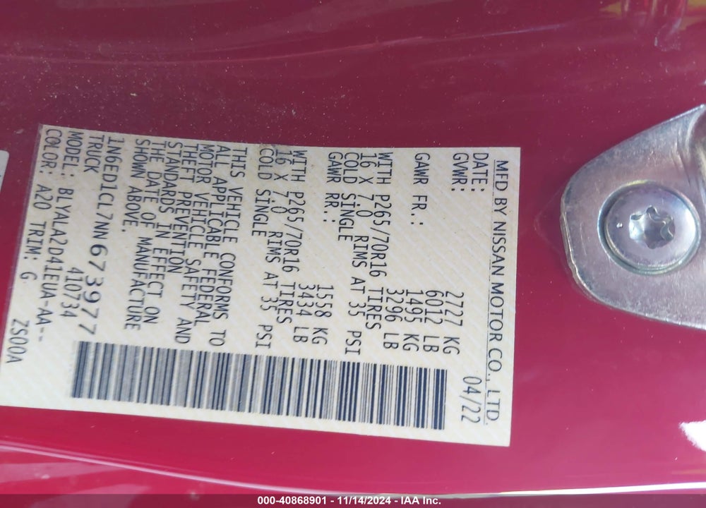 2022 NISSAN FRONTIER VIN: 1N6ED1CL7NN673977