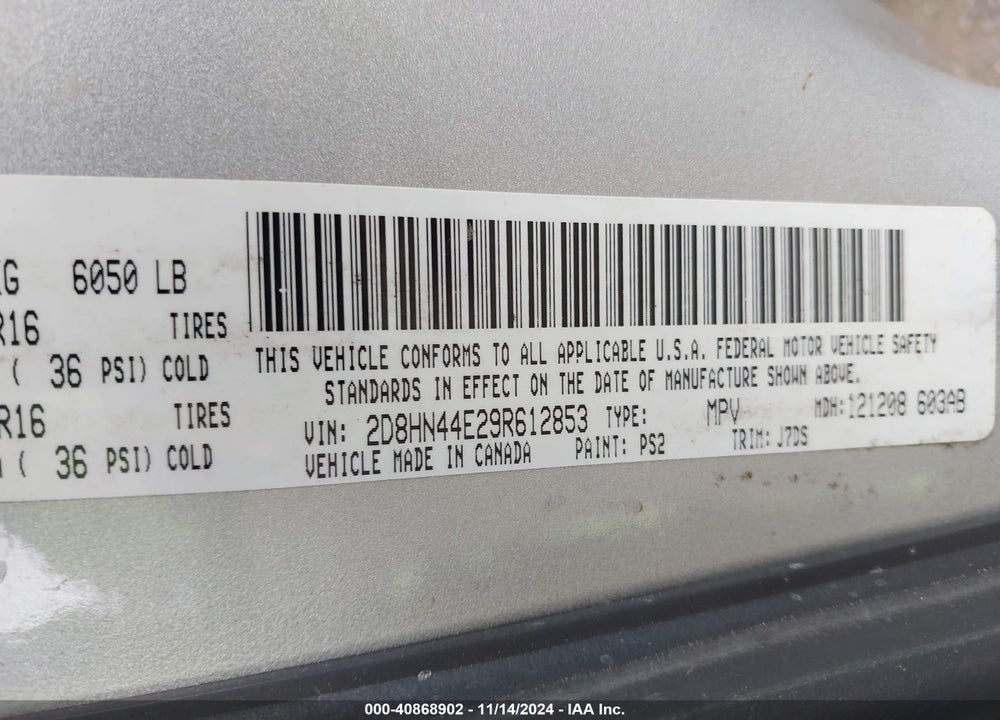2009 DODGE GRAND CARAVAN VIN: 2D8HN44E29R612853