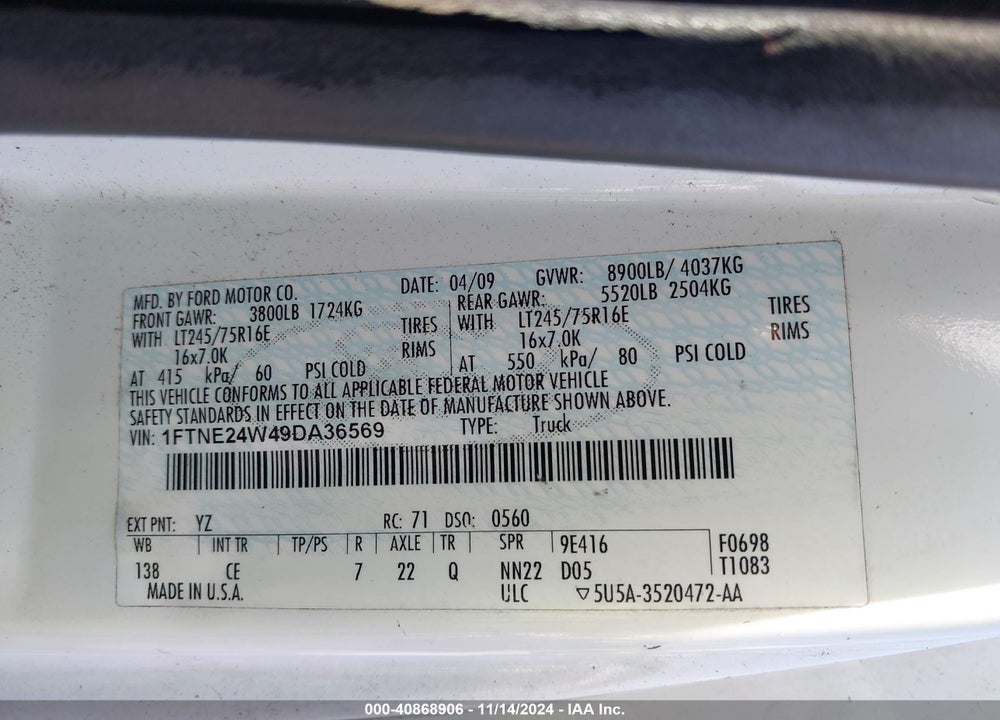 2009 FORD E-250 COMMERCIAL/RECREATIONAL VIN: 1FTNE24W49DA36569