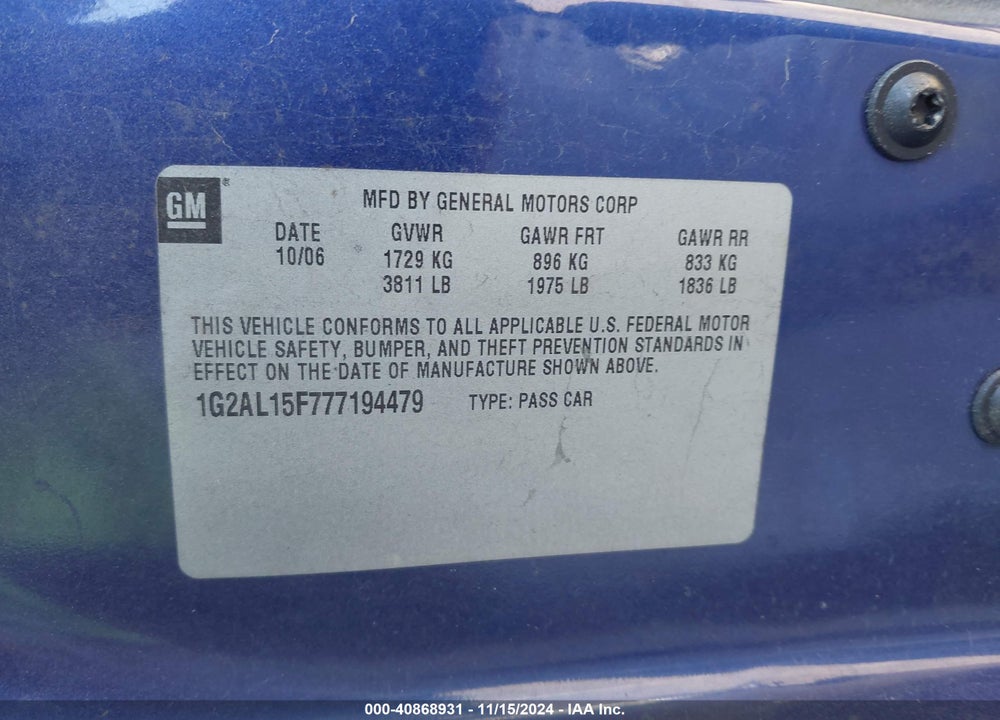 2007 PONTIAC G5 VIN: 1G2AL15F777194479