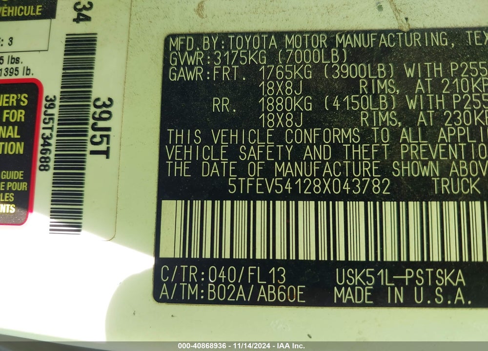 2008 TOYOTA TUNDRA SR5 5.7L V8 VIN: 5TFEV54128X043782