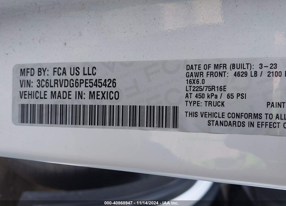 2023 RAM PROMASTER 2500 HIGH ROOF 159 WB VIN: 3C6LRVDG6PE545426