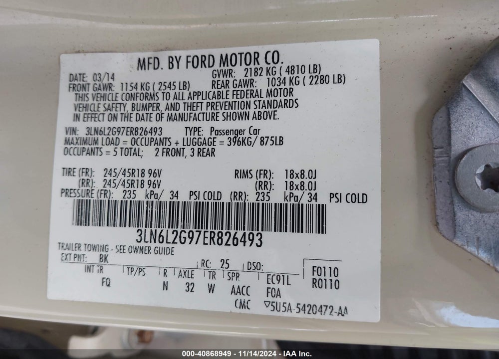 2014 LINCOLN MKZ VIN: 3LN6L2G97ER826493