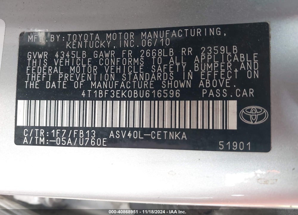 2011 TOYOTA CAMRY LE VIN: 4T1BF3EK0BU616596