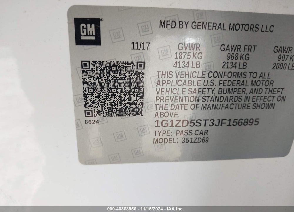 2018 CHEVROLET MALIBU LT VIN: 1G1ZD5ST3JF156895