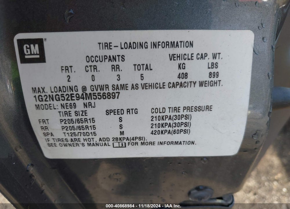 2004 PONTIAC GRAND AM SE2 VIN: 1G2NG52E94M556897