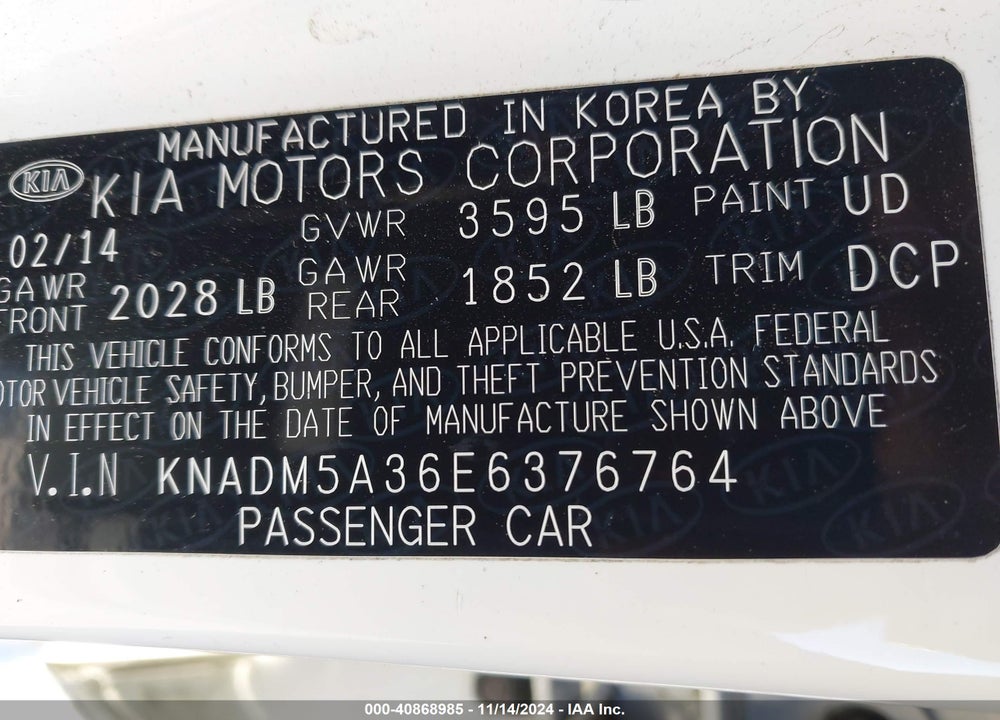 2014 KIA RIO LX VIN: KNADM5A36E6376764
