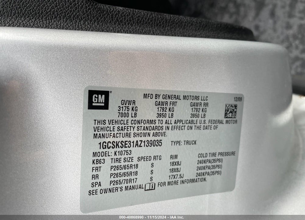 2010 CHEVROLET SILVERADO 1500 LT VIN: 1GCSKSE31AZ139035