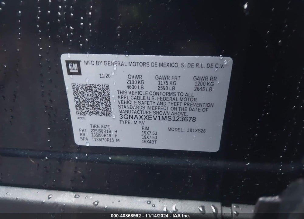 2021 CHEVROLET EQUINOX AWD PREMIER VIN: 3GNAXXEV1MS123678