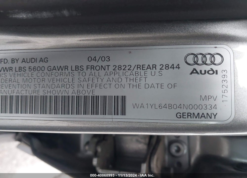 2004 AUDI ALLROAD 4.2 VIN: WA1YL64B04N000334